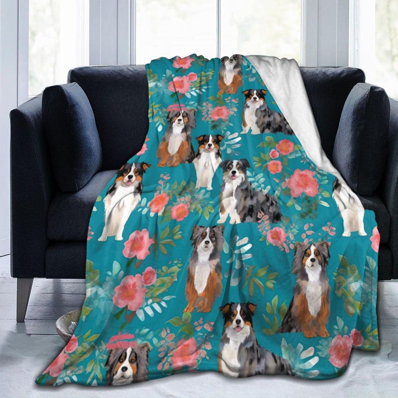 LodiSFOA Australian Shepherd Dogs Flowers Fleece Throw - Lightweight, Super Soft, Cozy Bed - Warm Blanket for Living Room/Bedroom - All Season (50"x40") - Image 1